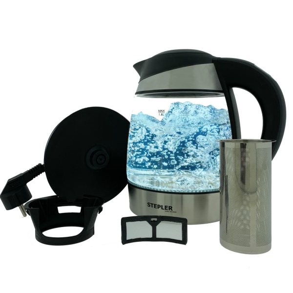 STEPLER LED-Glas-Wasserkocher 1,8 Liter | Teekocher | Kalkfilter | Edelstahl | Borosilikatglas | LED-Beleuchtung | Warmhaltefunktion
